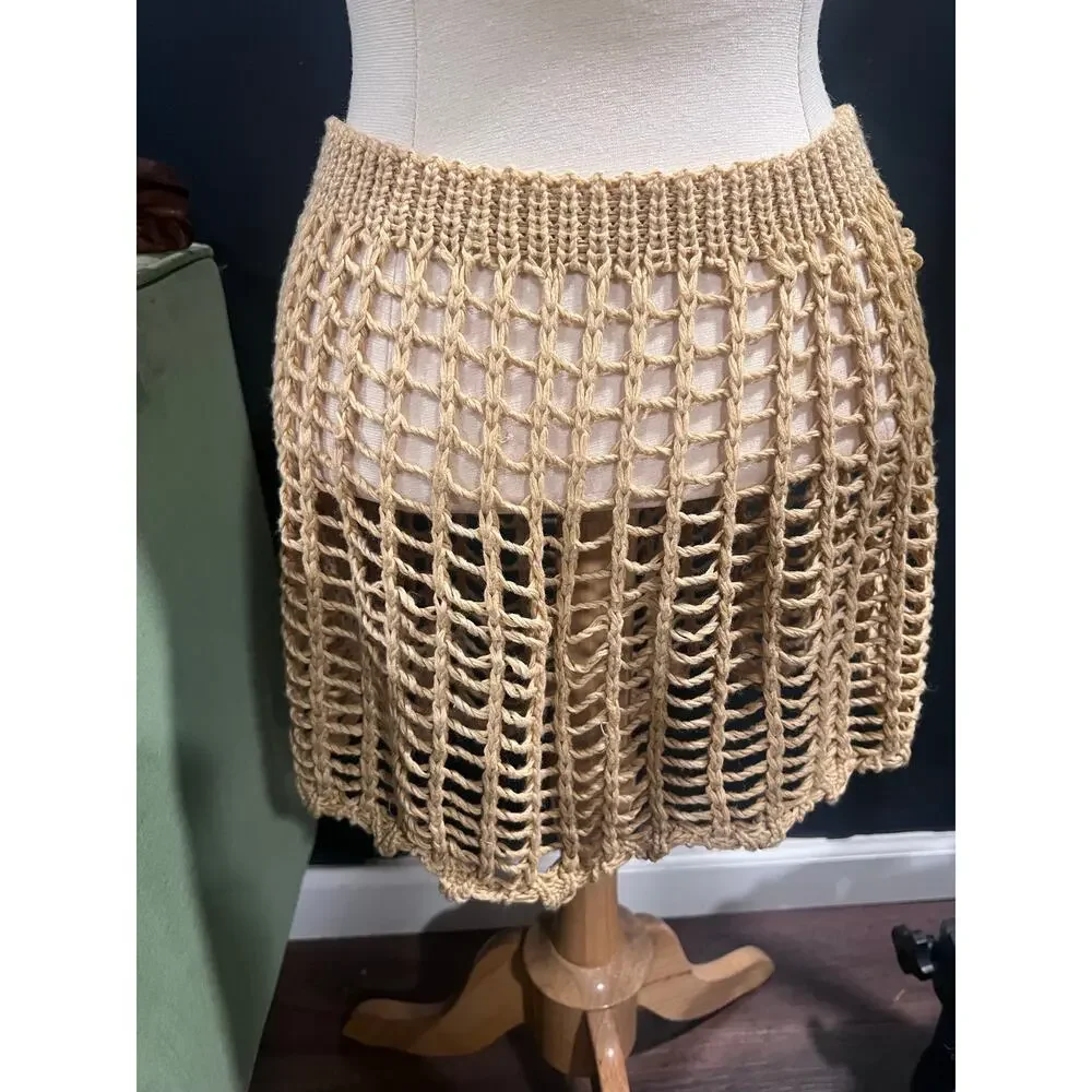 Crochet Hand Made Beige Mini Skirt Knit Cover Up Swim Drawstring Net Skirt Boho